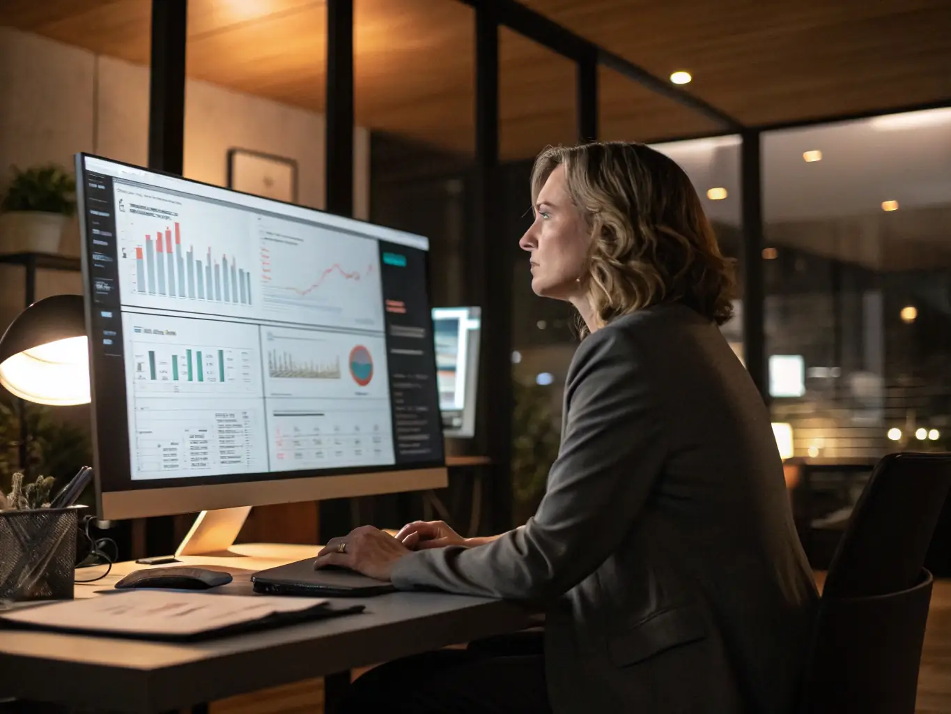 A project manager reviewing test plans and reports on a digital dashboard, illustrating the management of testing processes.