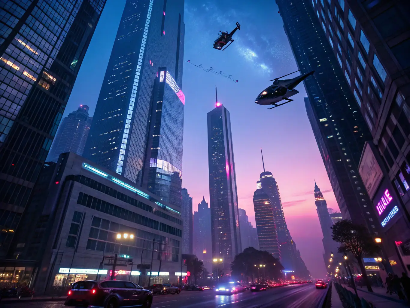 A futuristic cityscape with automated testing robots working on software interfaces, symbolizing test automation services.