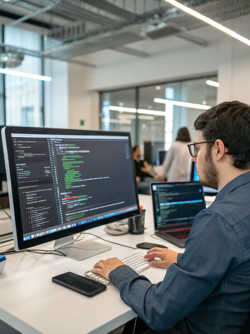 A focused image of a software testing engineer writing automated test scripts, highlighting the use of tools like Selenium and JUnit, set in a modern office environment.