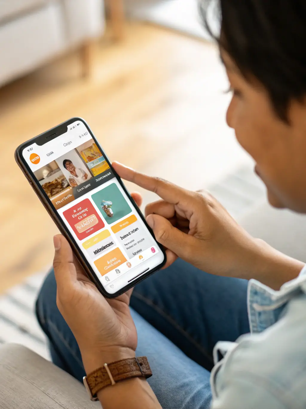 A close-up shot of a software tester meticulously examining a mobile app on a smartphone, highlighting attention to detail and UI/UX considerations.