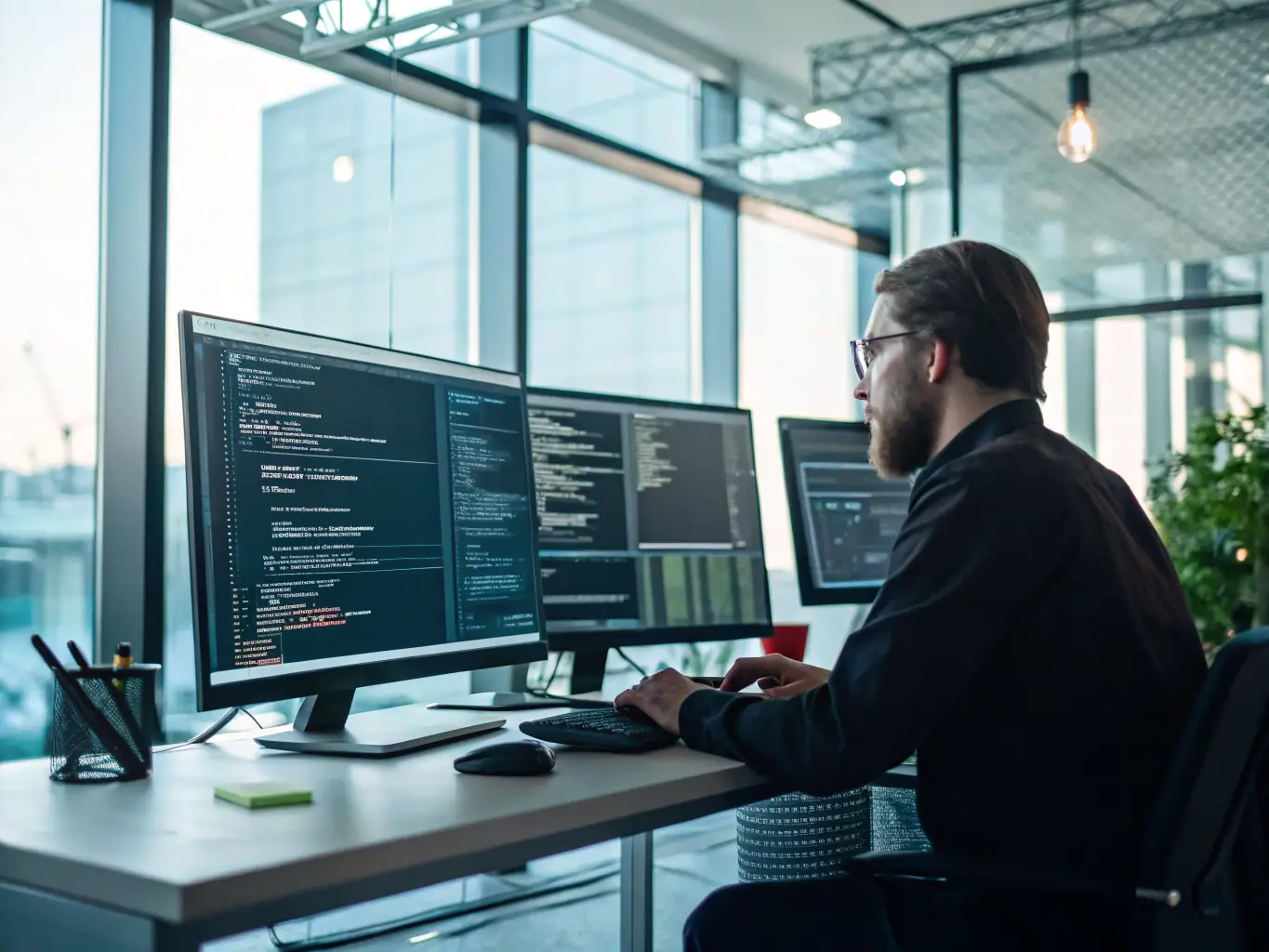 A focused image of a software testing expert meticulously examining code on a high-resolution monitor, surrounded by testing equipment and detailed reports, emphasizing precision and attention to detail.