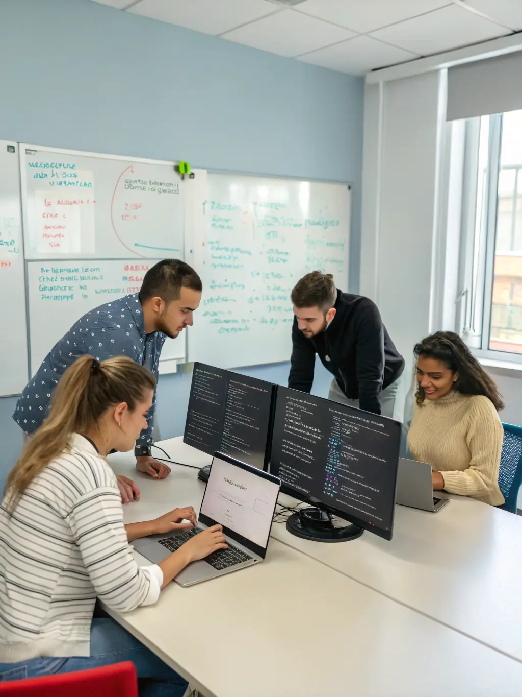 A focused image of a software testing team collaborating around a large monitor displaying test results and code analysis, emphasizing teamwork and precision.