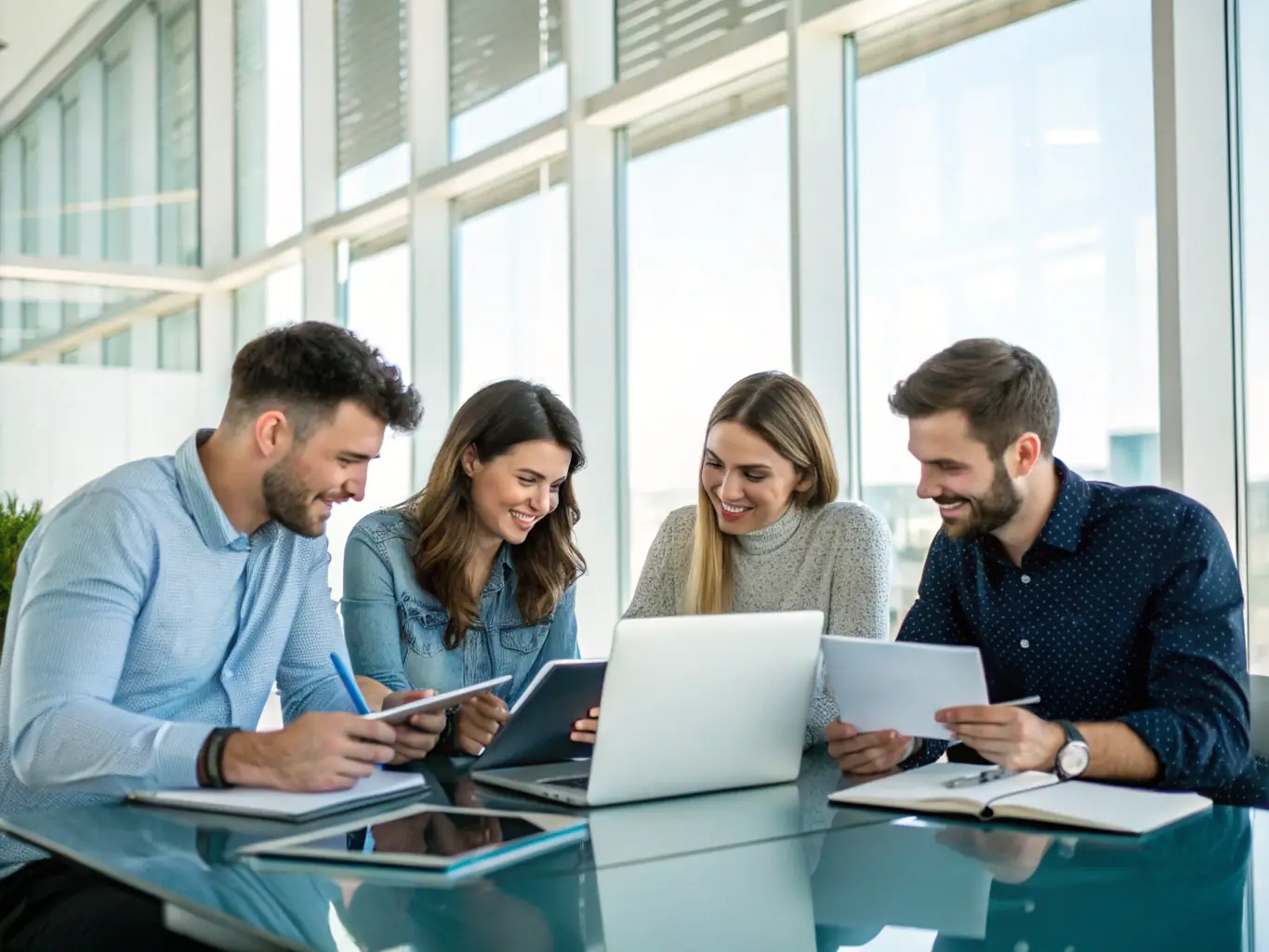 A collaborative scene showing software developers and testers working together in a modern office environment, emphasizing teamwork and effective communication throughout the testing process.