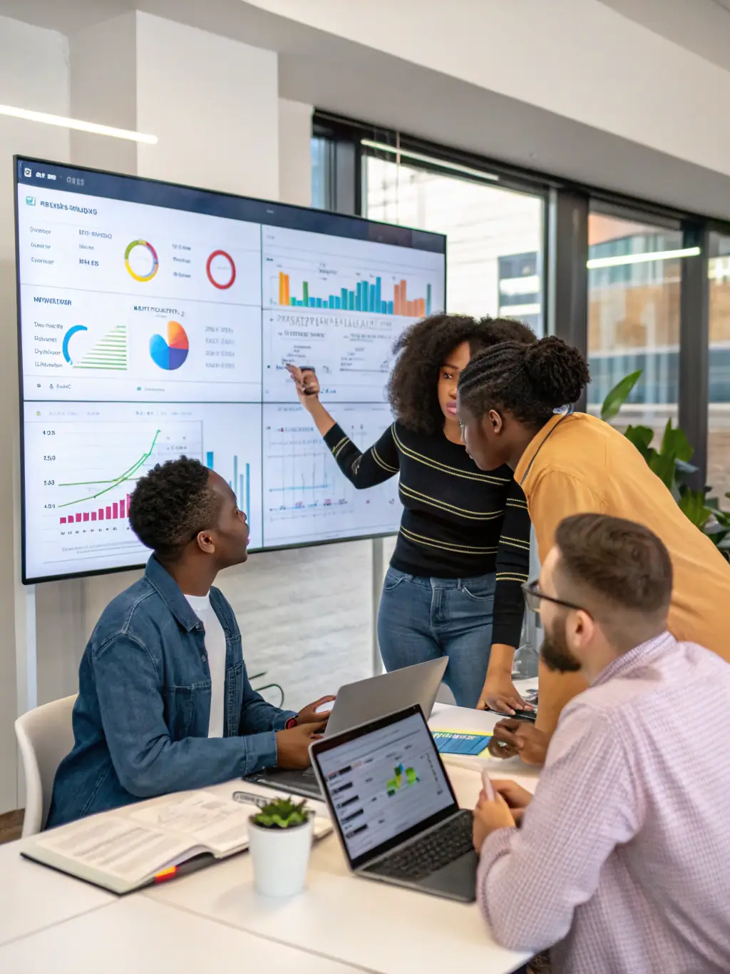 A diverse team of software testing consultants collaborating in a modern office environment, showcasing VERITEST's collaborative and innovative approach to problem-solving.