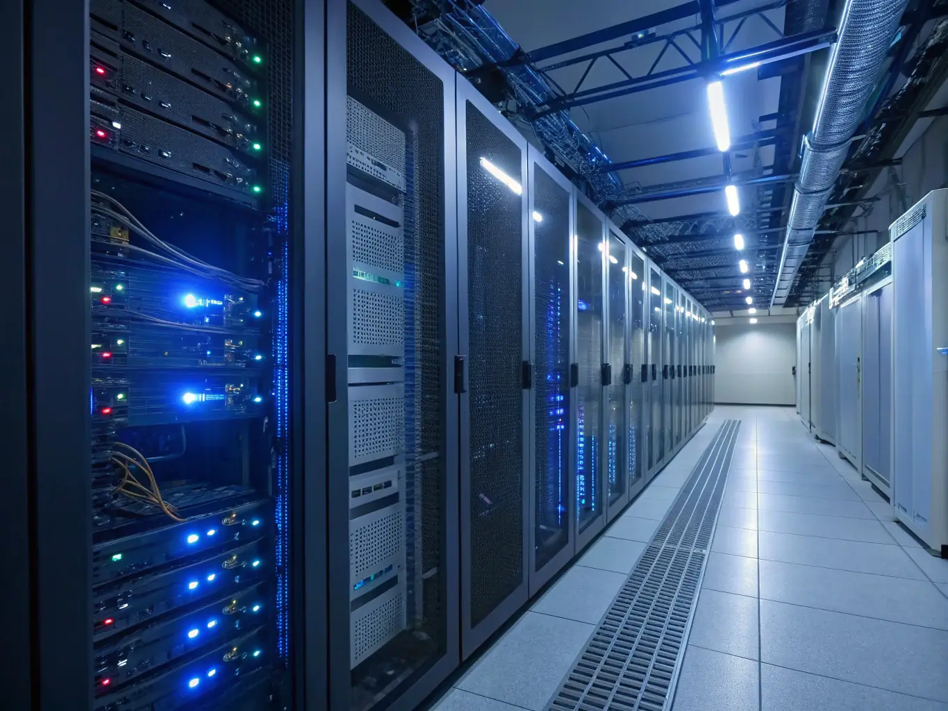An image depicting a secure server room with blinking lights and advanced networking equipment, symbolizing the robust and reliable infrastructure used for software testing.