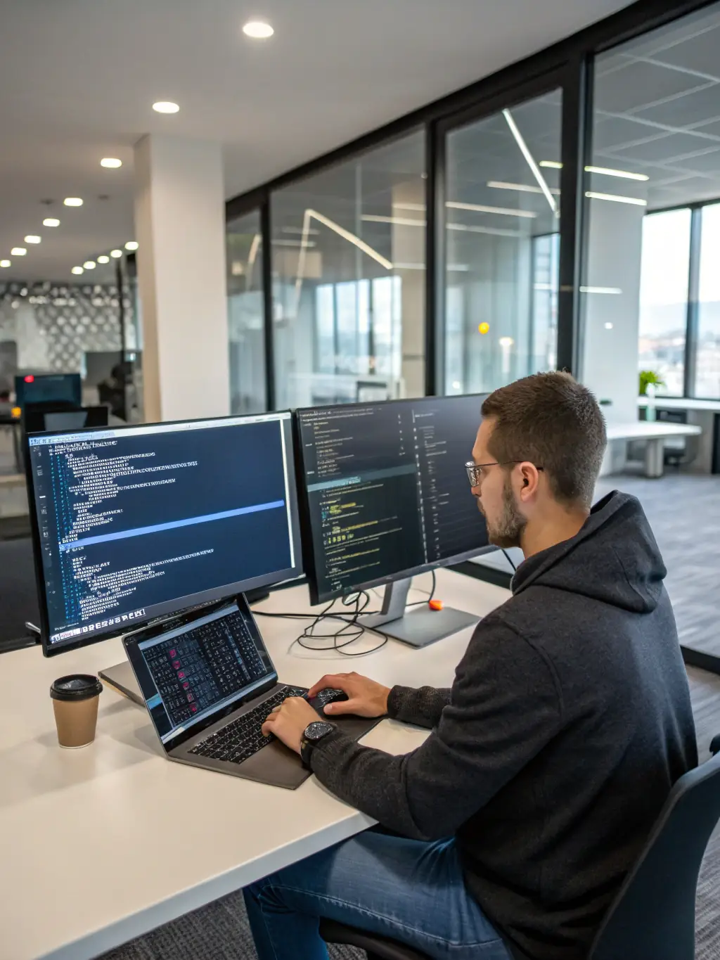 A close-up shot of a software testing engineer meticulously examining code on a high-resolution monitor, highlighting the precision and attention to detail in VERITEST's approach to software testing.