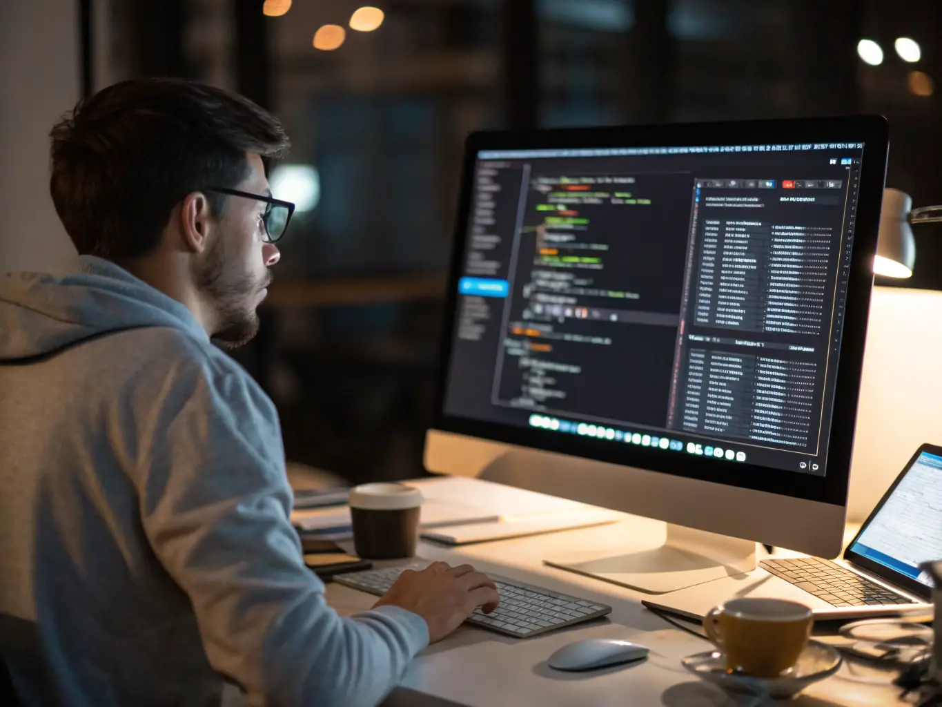 A focused image of a software testing consultant meticulously reviewing code on a high-resolution monitor, surrounded by diagrams and testing tools, emphasizing precision and expertise.