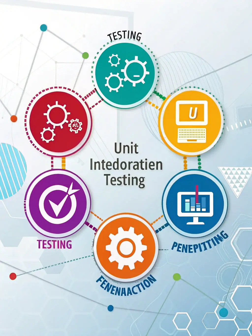 A visual representation of various testing methodologies (e.g., automated testing, performance testing, security testing) converging to ensure comprehensive software quality.
